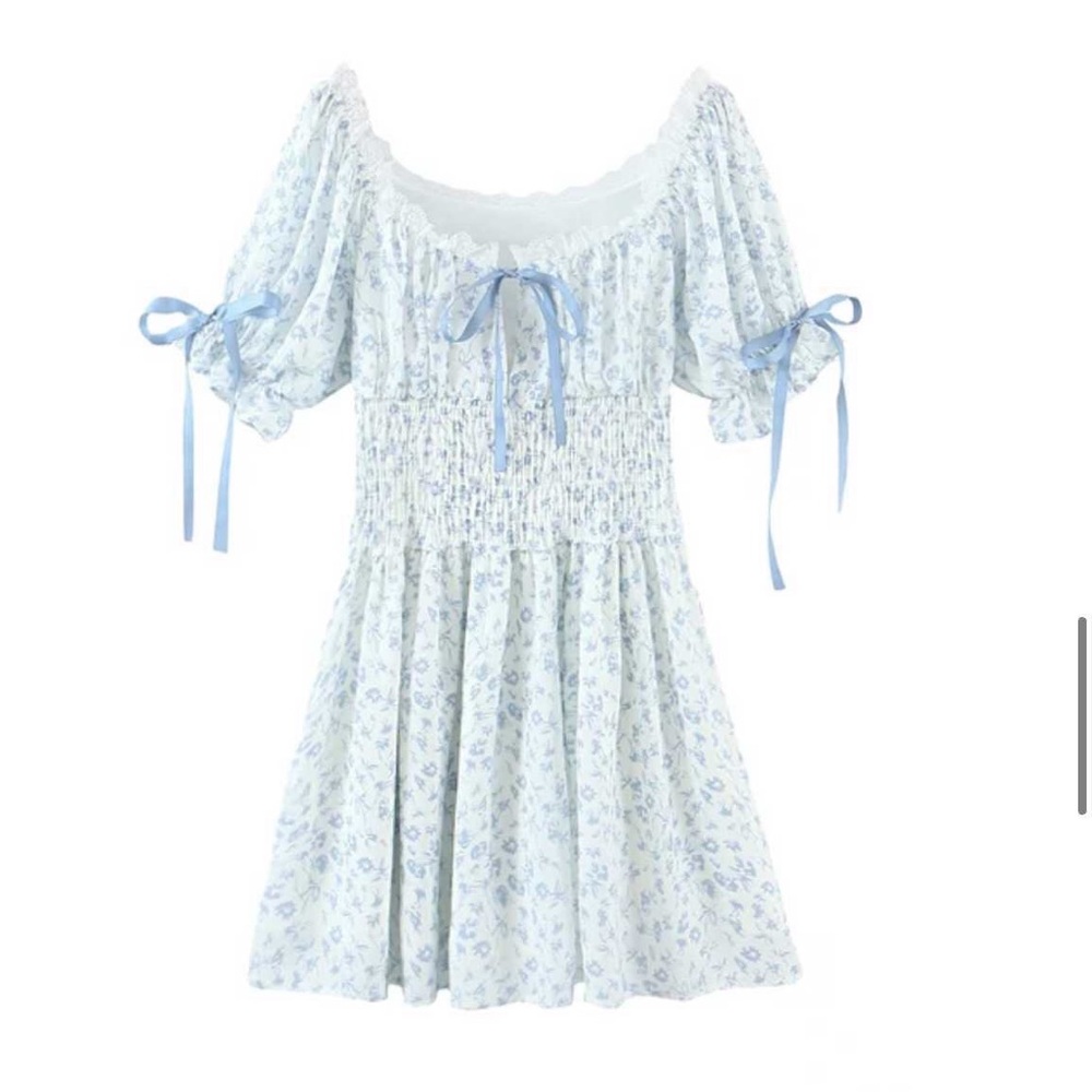 Blue Floral Lace Trim Bow Dress